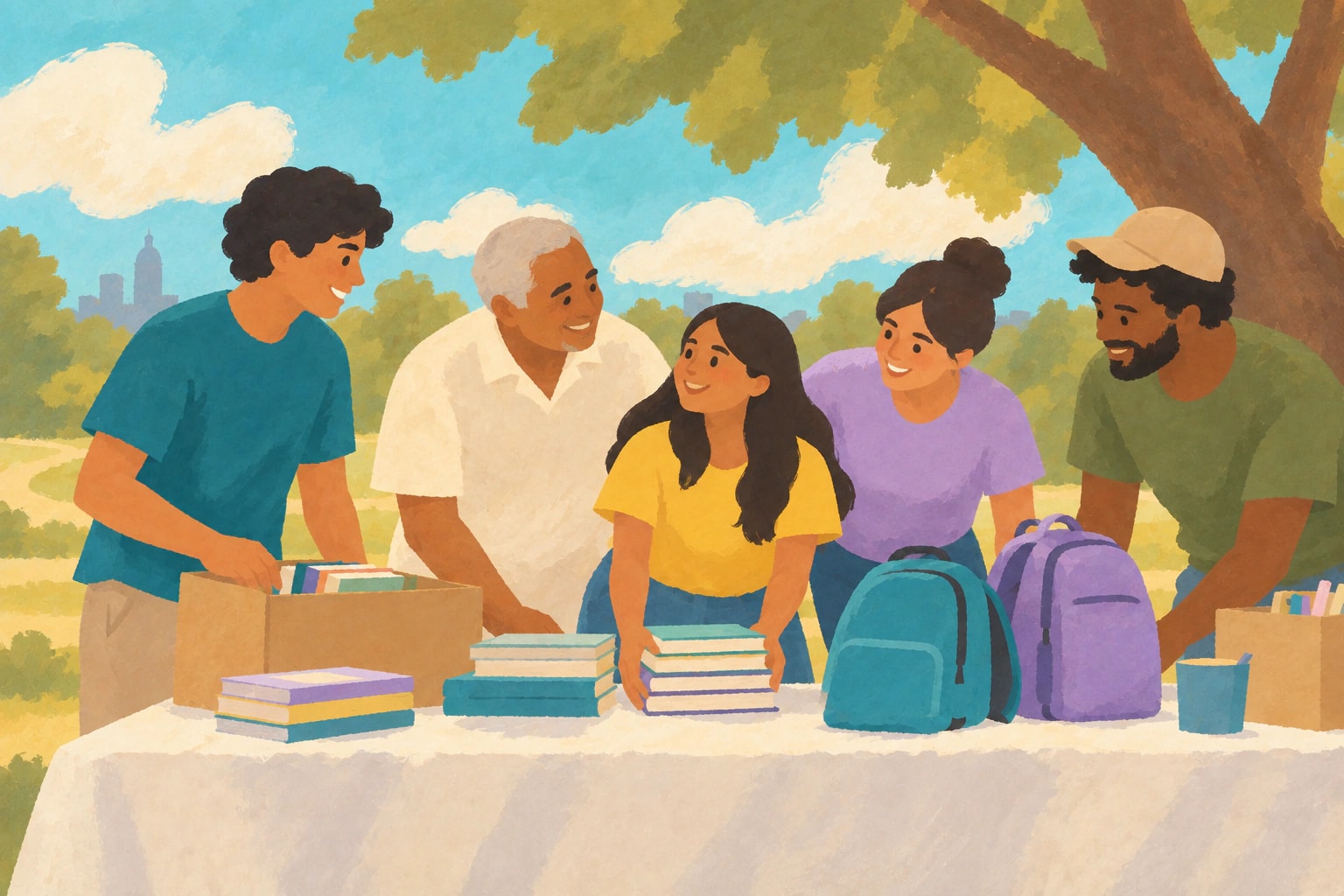 Painted illustration of neighbors and students preparing books and school supplies together