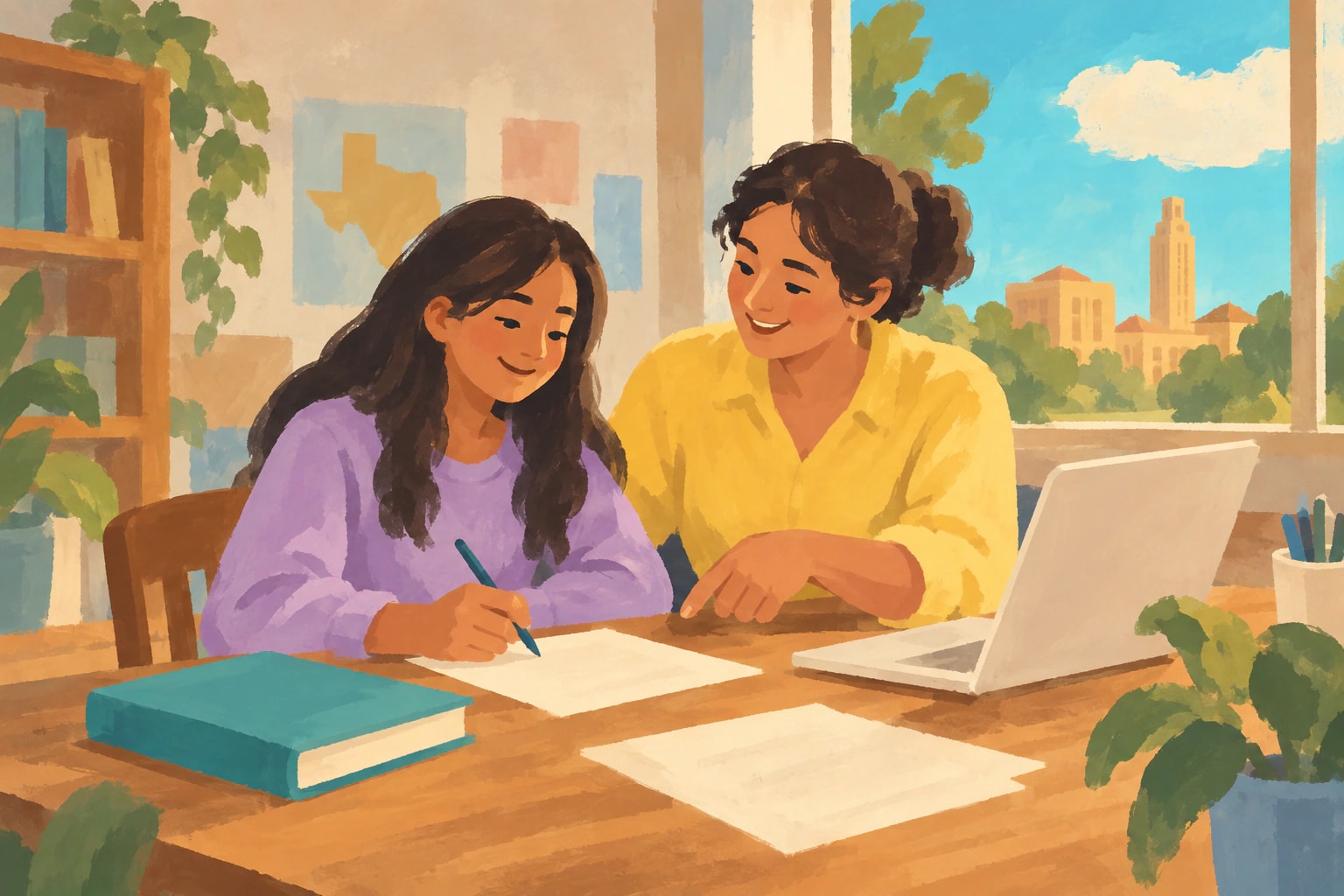 Painted illustration of a student and volunteer working on a scholarship application together