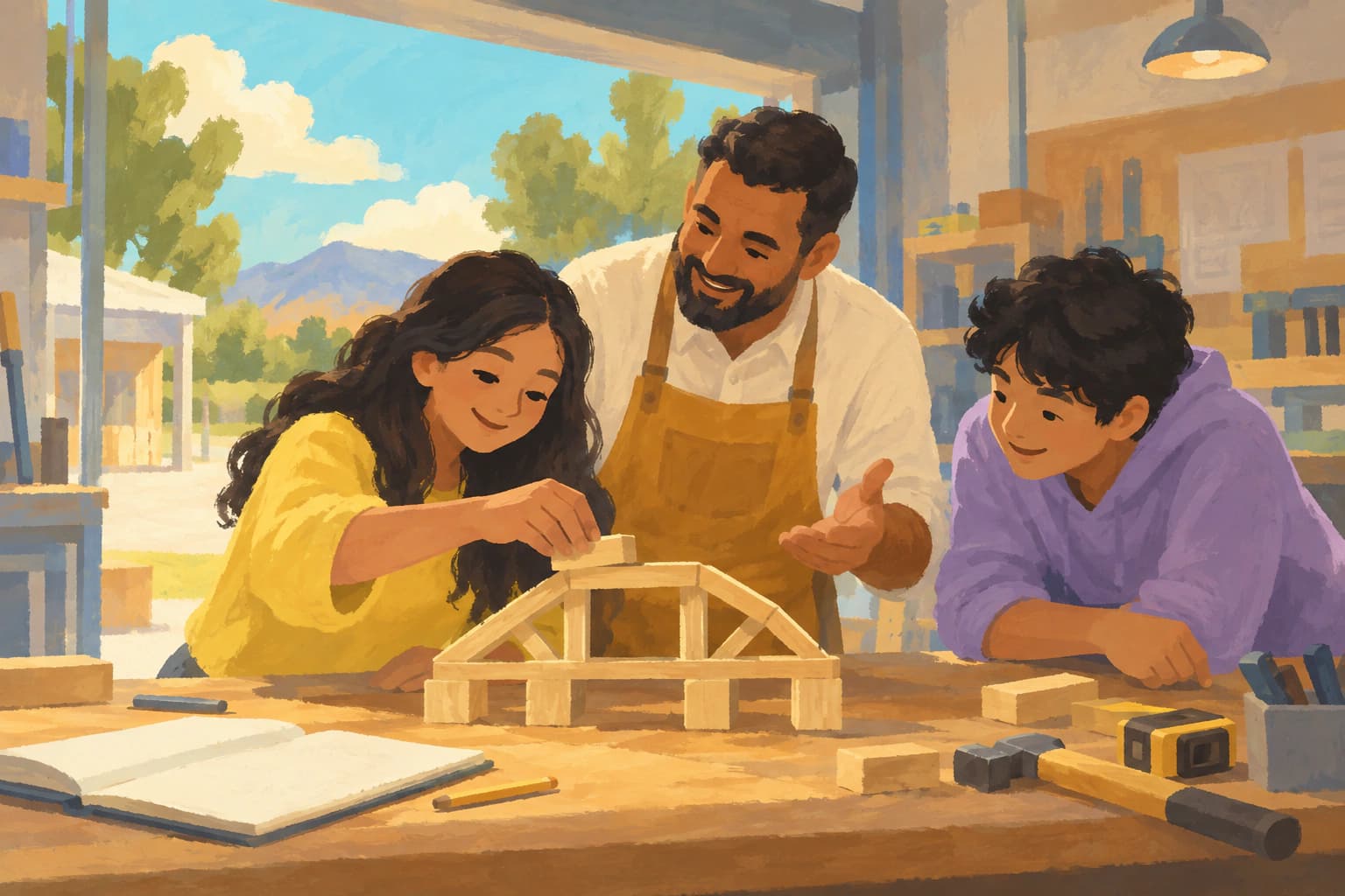 Painted illustration of students exploring hands-on learning with a mentor in a workshop