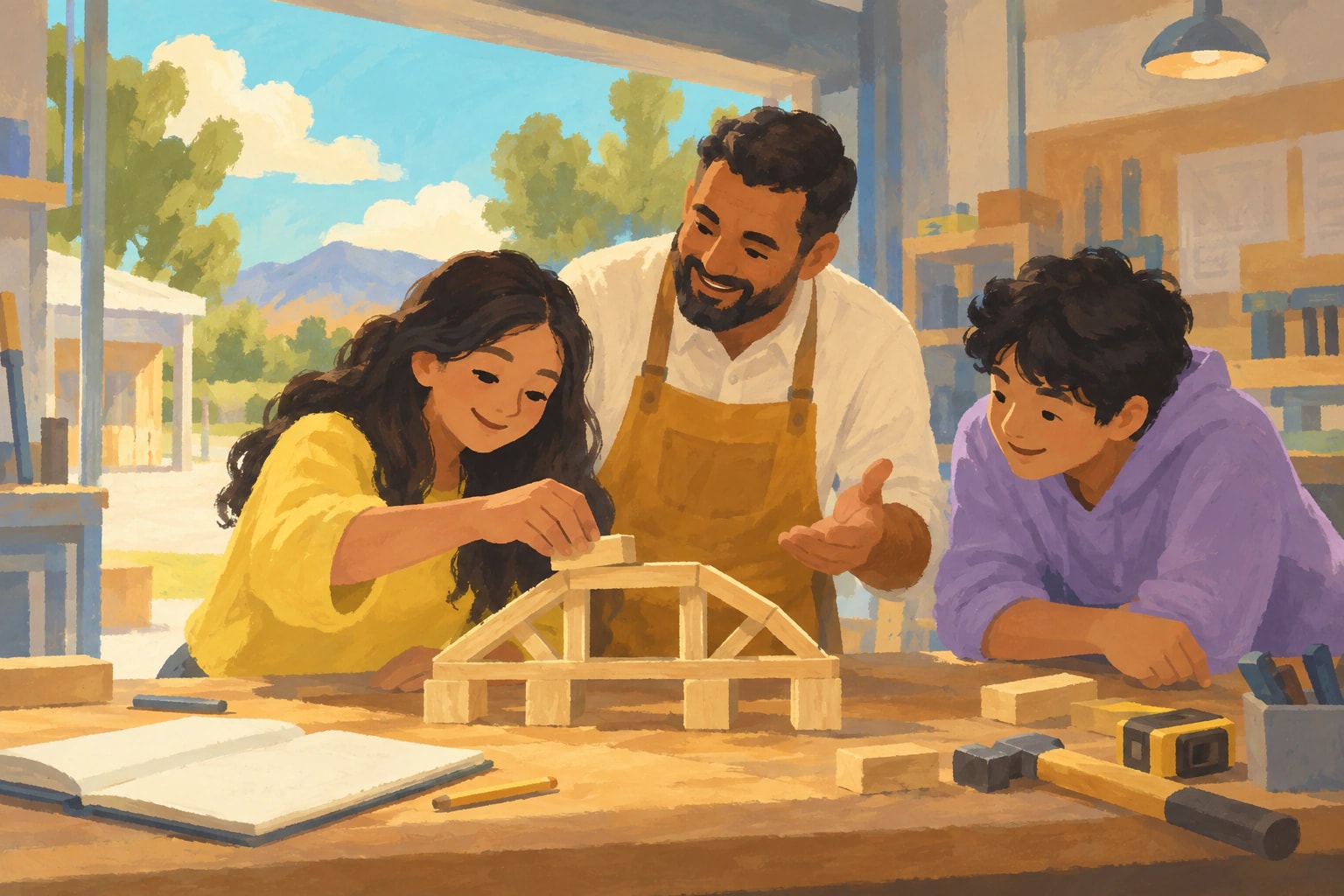 Painted illustration of students exploring hands-on learning with a mentor in a workshop
